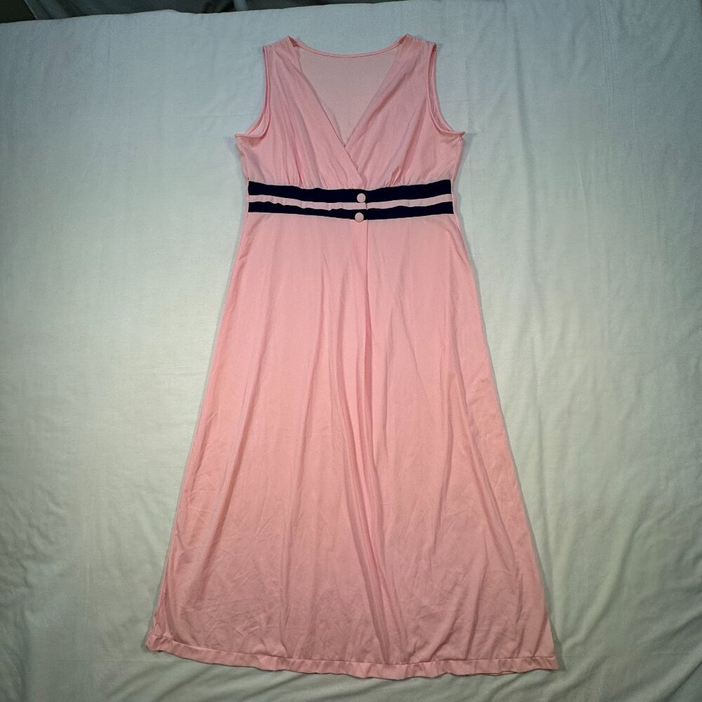 Vintage Montgomery Ward Nightgown L Pink with Navy Blue Stripes 90s Y2K Preppy